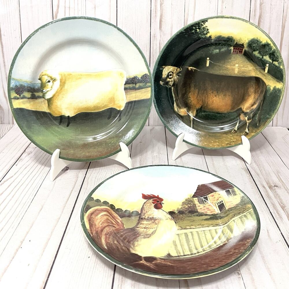 Block Country Farm Plates by Gear Set Of 3 8” Rooster, Cow & Sheep 1995